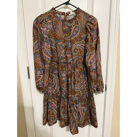 A.N.A Lizzy Paisley Brown Long Sleeve Tiered Boho Dress Women's Size Small - Picture 1 of 6